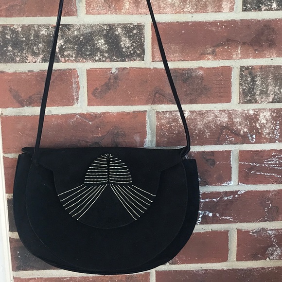 Vintage Handbags - Vintage Cesare Martinoli‎ Black Suede Single Strap Gold Accent Purse